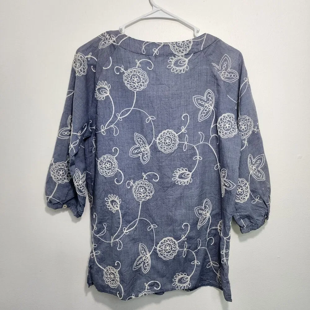 Christopher & Banks Womens Embroidered Scoop Neck 3/4 Sleeve Casual Tunic Top S